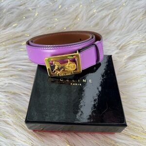 Celine Lavender Leather Belt with Gold Horse-and-Carriage Buckle